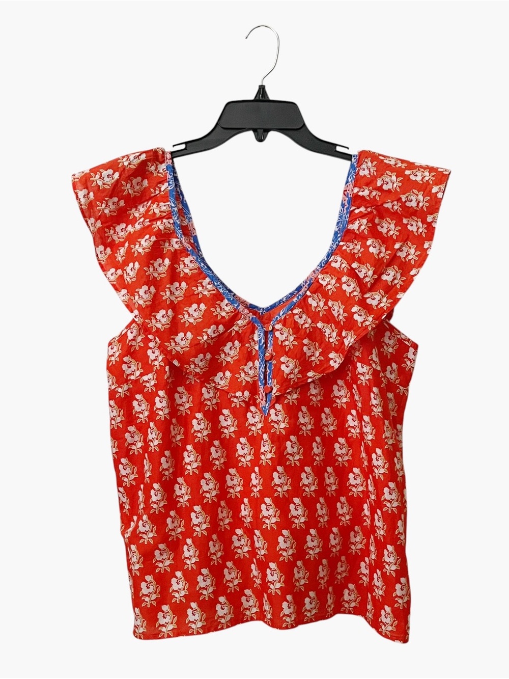 J Crew Ruffle V-Neck Top in Classic Block Print Women's Size S Red Floral Cotton